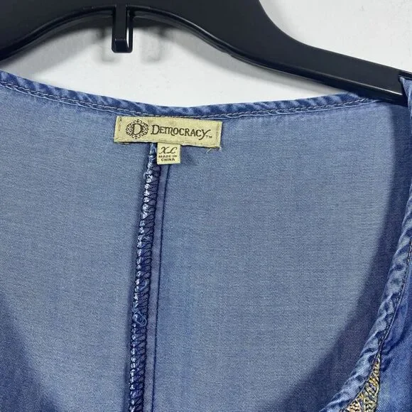Democracy Womens Sz XL Boho Western Dress Denim Chambray Embroidered Lyocell - Picture 3 of 5
